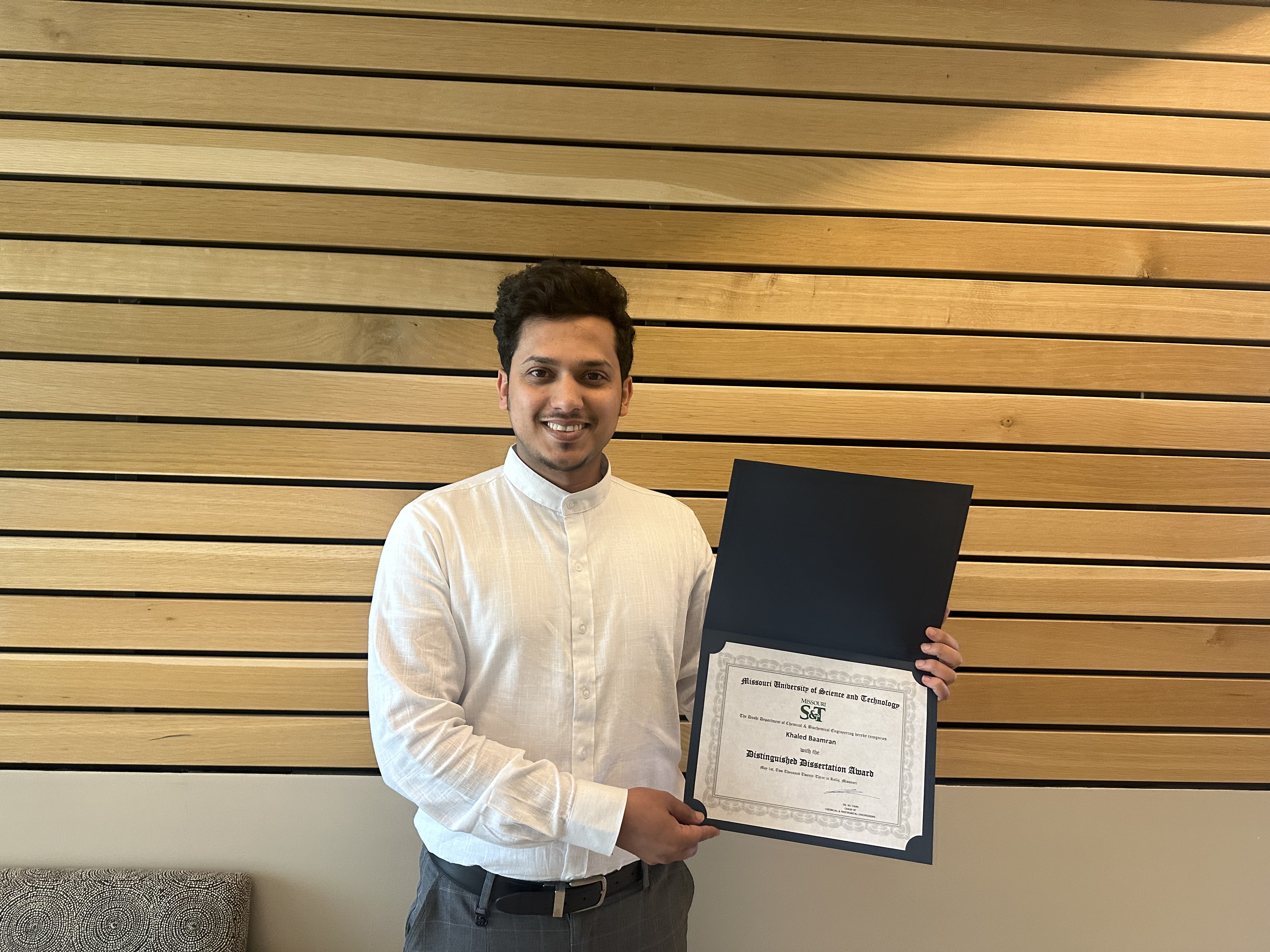 Khaled received Distinguished Dissertation Award from the ChBE Department, May 2023